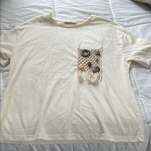 Cream T-Shirt with Crochet Pocket